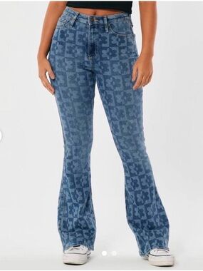 Hollister Blue Floral Checkerboard Flare Jeans - Dark/Light Blue Mix